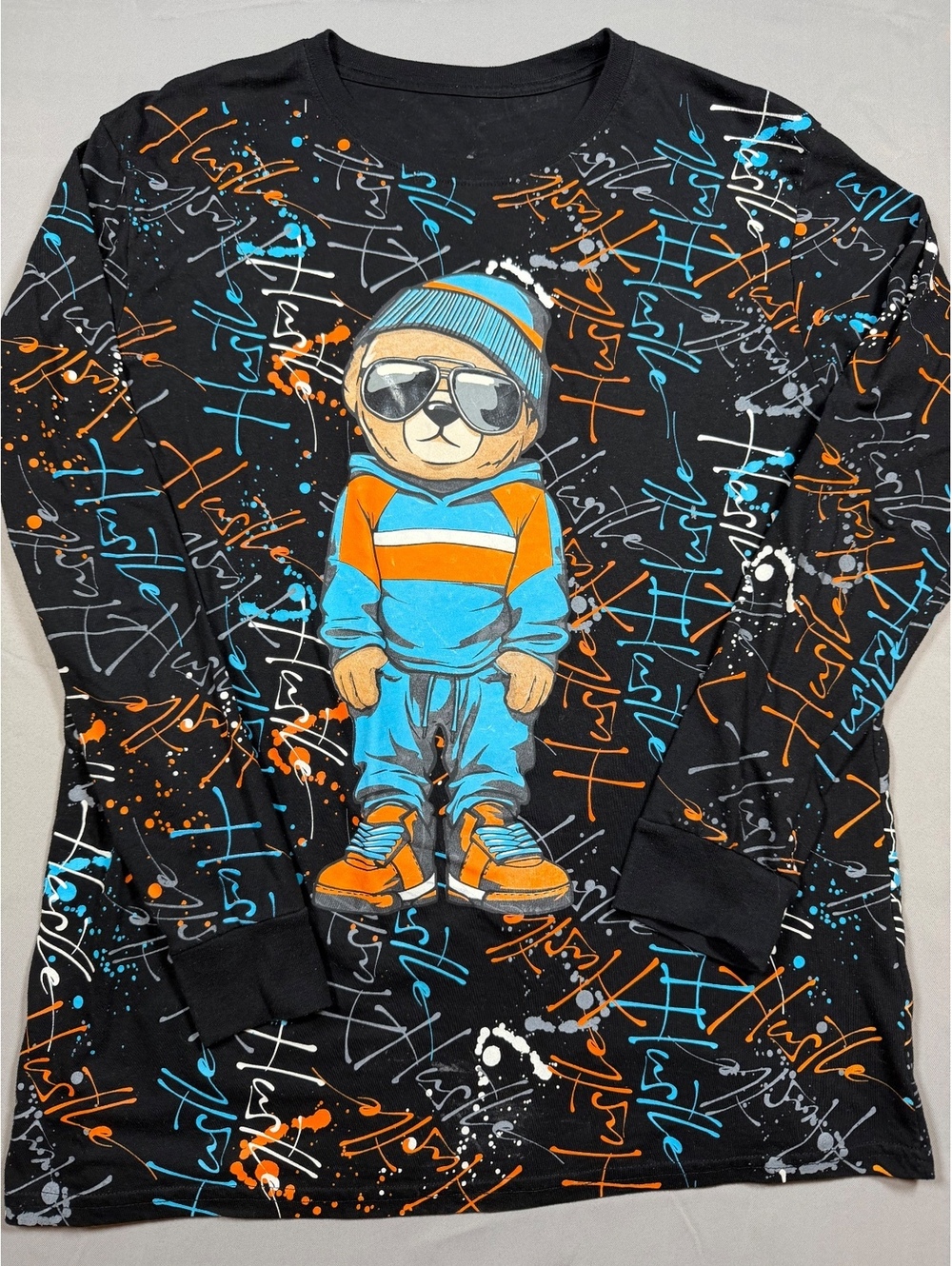 Graffiti Bear Long Sleeve Shirt Men’s Large L Black Orange Blue Streetwear